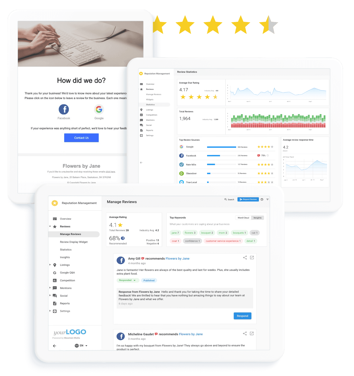 Stay on top of what your customers are saying about you and why.   Monitor and manage all aspects of your online reputation, including listings, reviews, mentions and more.   Manage your reviews from multiple review sites in one place.   Stay on top of your review on all of the most popular review sites, including Facebook, Google+, and Yelp as well as a ton of sites that are relevant to your specific industry. Also, easily respond with 40+ curated responses, and gain critical insights into what your customers are saying most often and why.   View the accuracy of your business listing data across the web.   Improve your search rank by identifying online business listings that are inaccurate or missing from essential directories like Google, Facebook, Bing and 60+ others.